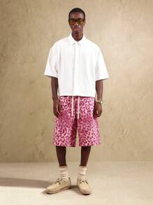 SUMWON 破洞豹纹运动百慕大短裤夏季度假抽绳休闲阔腿溜冰运动裤 - 粉色 - 查看 3