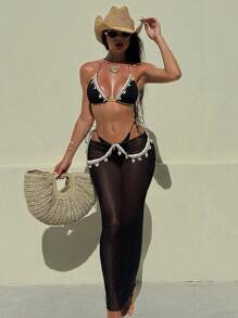 Swim SXY 女士三件套泳衣套装：露背比基尼上衣、三角比基尼下装和罩衫