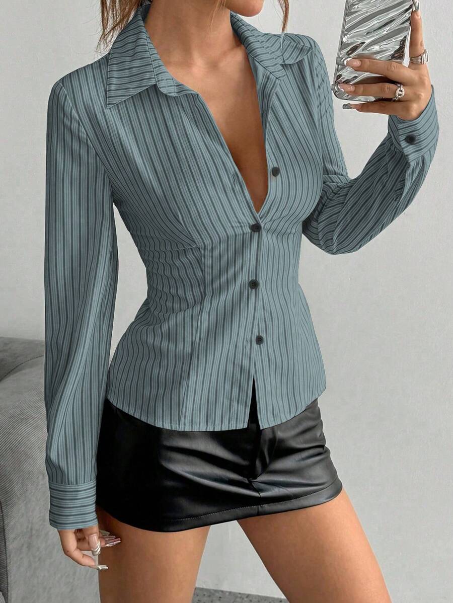 Flirla Petite Striped Print Front Button Closure Fitted Long Sleeve Shirt Fall Cloth For Women - Dark Grey - View 1