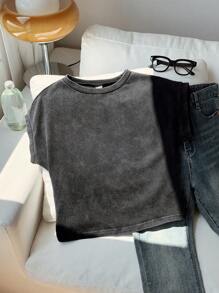 Comfortcana 女式黑色针织休闲圆领短袖T恤，百搭夏季 - 黑色 - 查看 4