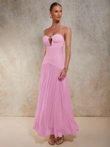 COSMINA Women's Solid Color Hollow-Out Metal Decor Sexy Halter Super Long Dress,Bodycon Dress