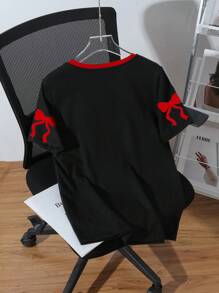 SHEIN EZwear 大码休闲简约字母蝴蝶结印花圆领黑色短袖T恤，适合夏季 - 彩色 - 查看 2