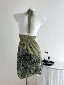 Elamini Đầm ngắn hở lưng in họa tiết hoa đơn giản không tay cho nữ - màu xanh lá - Xem 2