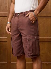 Manfinity Homme 男式宽松休闲牛仔工装短裤，带口袋 - 棕色 - 查看 5