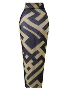 Swim Oasis 2件套/组 2025新款夏季女士纯色连体泳衣搭配随机印花雪纺长裙，沙滩度假休闲套装 - 黑色 - 查看 6