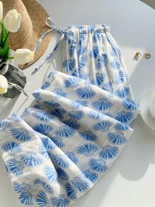 Comfortcana 女士全印花打结休闲度假裤 - 藍色 - 查看 3