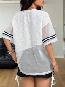 Coolane Women's Spring/Summer Festival Streetwear Athleisure Breathable Mesh Number Pattern Textured Patchwork Banded Texture Decoration T-Shirt - White - View 5