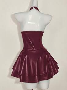 SHEIN ICON 女士 Y2k 时尚辣妹演唱会女装俱乐部派对节日狂欢装 Y2k 外出交叉带 PU 皮革露背迷你吊带黑色连衣裙