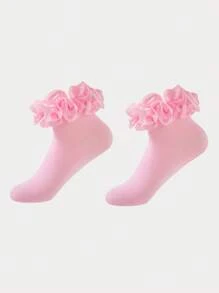 ROMWE Goth Women's Fashionable And Sweet Ruffle Trim Pink Mid-Calf Socks