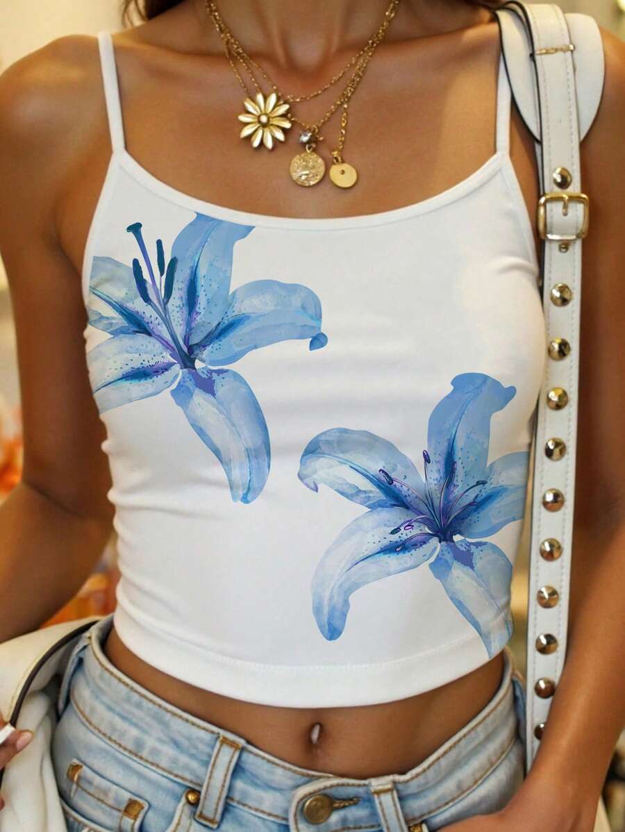 SHEIN EZwear Women Casual Sexy Blue Lily Floral Print Camisole