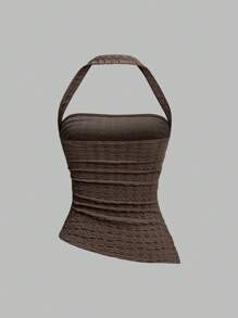 Sweetra Women's Plain Color Ruched Fitted Fashion Halter Top Y2K  - Coffee Brown - View 2