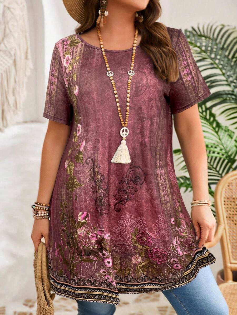 EMERY ROSE Plus Size Crew Neck Short Sleeve Floral Print Casual Blouse, Everyday Wear,Summer,Tropical Vacation - Pink - View 1