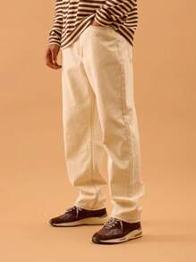 Musero Jeans holgados de mezclilla con costuras de contraste, con detalles de cinturón y cierre de botón - Beis - Ver 2