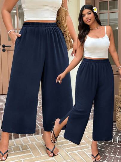 SHEIN EZwear Navy Blue Casual Loose Straight-Leg Plus Size Cropped Pants, Summer Pants Sets, Split Hem Pants, Women Casual Pants Set