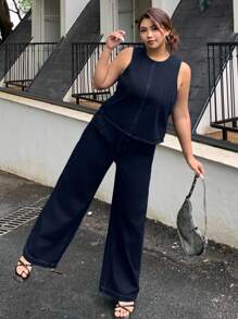 Dazy Plus 大码两件套：深色水洗无袖牛仔上衣和直筒牛仔裤，夏季返校服装