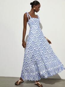 Aveloria Modichic Đầm dài hở vai thêu ren trang trí ngày nghỉ bó sát eo xòe - Xanh đậm - Xem 1