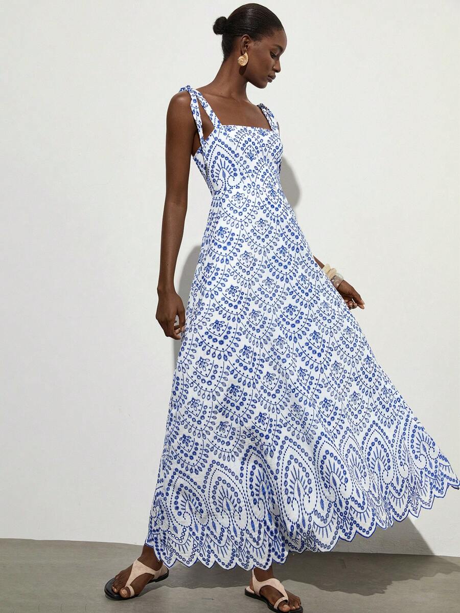 Aveloria Modichic Đầm dài hở vai thêu ren trang trí ngày nghỉ bó sát eo xòe - Xanh đậm - Xem 1