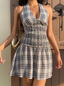 SHEIN EZwear Grunge Goth Summer Western  Gingham Backless Halter Neck  Dress - Multicolor - View 3