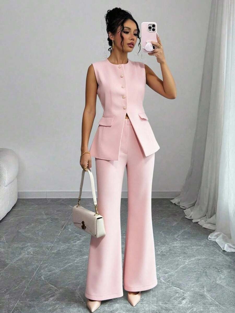 Chiquease Traje informal casual de un solo color sin mangas para uso diario en la ciudad - Rosa Pálido - Ver 1