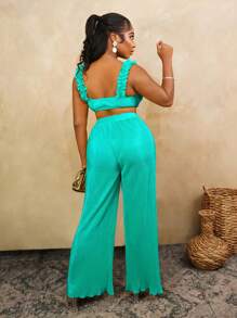 BamGleam Women's Sleeveless Solid Color Frill Trim Cropped Summer Tank Top - Green - View 2