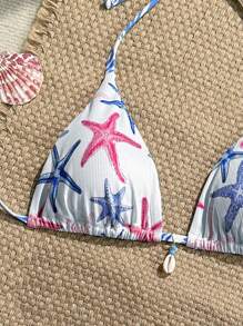 Swim Vcay 1pc Women Summer Vacation Random Seashell Print Ribbed Texture Fabric Halter Bra Top Beachwear Bathers - Multicolor - View 4