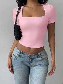 SHEIN BASICS 1pc Solid Color Knit Asymmetrical Collar Fitted Cropped Blouse For Women Pink - Baby Pink - View 5