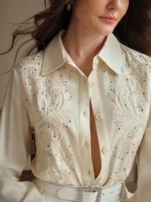 Anewsta Women's Embroidered & Rhinestone Decoration Long Sleeve Blouse - Beige - View 7