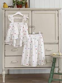 DAZY 2pcs/Set Young Girl Casual Polka Dot Ruffle Trim Top And Skirt Set, Summer - White - View 8