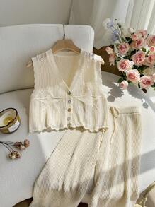 SHEIN Privé Set Sweater Ukuran Besar, Kasual Elegan Longgar Mewah Romantis Berongga untuk Pantai - Krem - View 12