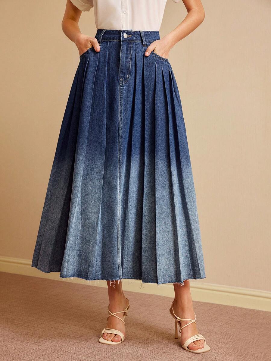 Vintamour 复古优雅女士牛仔裙，带口袋，褶皱休闲通勤度假夏季