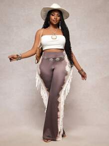 Slaydiva 2025 Summer New Arrivals, Music Festival, Western Style, Nomadic Style, Easter, St. Patrick's Day, Birthday Party, Graduation Season, Student Wear, Daily Casual, All-Match Versatile, Leisure, Vacation, Cruise Travel, Beach, Sunbathing, Fashionable, Streetwear, Ombre Print, Fringe, Flare Pants, Women Plus Size Long Pants - Brown - View 5