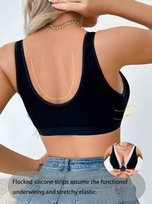 SHEIN Women's Fashionable Comfortable Lace Patchwork Front Closure Bra - Black - View 2