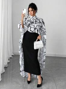 Elenzga 大码立领雪纺花卉荷叶边披肩上衣+针织吊带裙两件套，优雅派对女装，大码女装，正式女装，休闲女装套装，夏季女装套装，夏季服装 - 彩色 - 查看 1