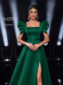 Glamrae 优雅方领高低下摆开叉礼服，适合约会、派对、婚礼和活动、晚礼服、婚礼宾客、毕业典礼、晚宴、派对礼服、长袍 - 墨綠色 - 查看 8