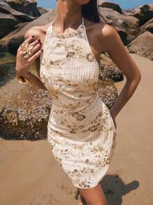 Poéselle Vestido mini de mujer con lentejuelas y estampado floral, cuello halter y espalda descubierta, amarillo pálido, elegante para verano, boda, vacaciones, cóctel y fiesta, estilo bohemio, ropa de playa - Albaricoque - Ver 3