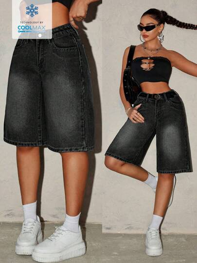 SHEIN Tall 女士纯色口袋休闲宽松牛仔短裤，夏季