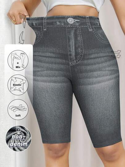 SHEIN LUNE 大码女式牛仔效果印花松紧腰休闲夏季短裤