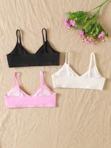 SHEIN Conjunto de 3 piezas para chicas preadolescentes con camiseta interior con acolchado de unicolor y escote en V, lencería de espalda de tirantes - Multicolor - Ver 2