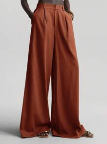 Ontre 2025女款纯色口袋褶皱阔腿宽松休闲裤，简约设计，都市通勤，商务休闲，复古风秋装 - 棕色 - 查看 8