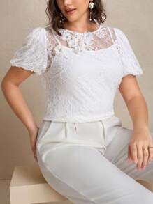 Chikora Plus Size Summer Elegant Solid Color Lace 3D Floral Decor Blouse,Lace Top,White Tops,Office Attire For Women