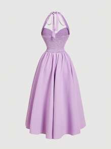 Váy xòe cổ yếm xếp nếp nơ cho nữ, trang phục dự tiệc màu đỏ cho nữ, trang phục đêm giao thừa, váy dạ hội hóa trang, trang phục sinh nhật cho nữ, váy đỏ gợi cảm, váy có nơ, váy công chúa cho nữ đón năm mới - Màu Lilac Tím - Xem 2