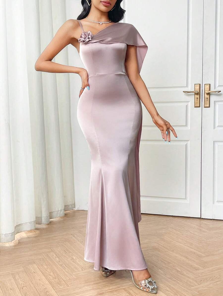 Modelyn 女式纯色 3D 花卉装饰不对称领口优雅连衣裙 - 粉色 - 查看 1