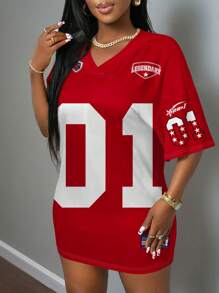 Slaydiva Große Größen Lässig minimalistisches Sport-Trikot mit Nr. 01 Aufdruck, V-Ausschnitt Kurzarm T-Shirt mit Drop Shoulder, geeignet für Frühling/Sommer