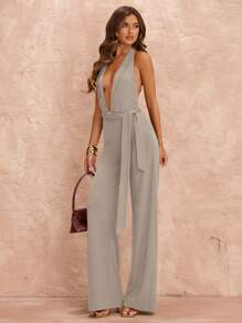 SHEIN BAE Bộ đồ liền thân thắt nút chữ V sâu gợi cảm bó sát cho kỳ nghỉ hè trên bãi biển, phù hợp cho hẹn hò hàng ngày, đi chơi đêm, hộp đêm, tiệc tùng, tụ tập, tiệc cocktail, tiệc hồ bơi, quần áo mùa tựu trường, mùa tựu trường, quần áo ngày lễ, quần áo lễ hội âm nhạc, quần áo lễ hội nhạc đồng quê, quần áo hòa nhạc - Xám - Xem 5