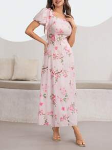Modelyn Đầm dự tiệc thanh lịch dài tay bồng in họa tiết hoa lãng mạn cổ vuông cho nữ, dáng suông, xòe eo, mùa xuân/hè - Nhiều màu - Xem 6