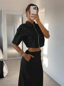 Siren Gaze 2件套女士纯色短袖拉链短款上衣和裙子女士夏装女士夏季套装女士夏装女士加大码商务休闲女士加大码正式纯棉两件套女士两件套裙子女士两件套休闲套装女士拉链两件套衬衫和裙子套装