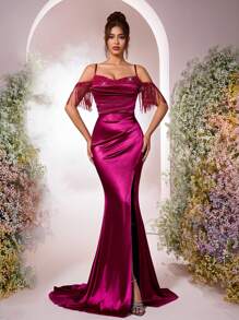Glamrae Elegant Luxurious Fuchsia Sequins Embroidered Satin Bodice Sleeveless Open Shoulder Ruffle Trim Sexy Thigh High Slit Mermaid Prom Dress With Train, Suitable For Date, Singles Party, Graduation, Wedding, Formal Gala, Gown, For Evening, Wedding Guest - Hot Pink - View 1