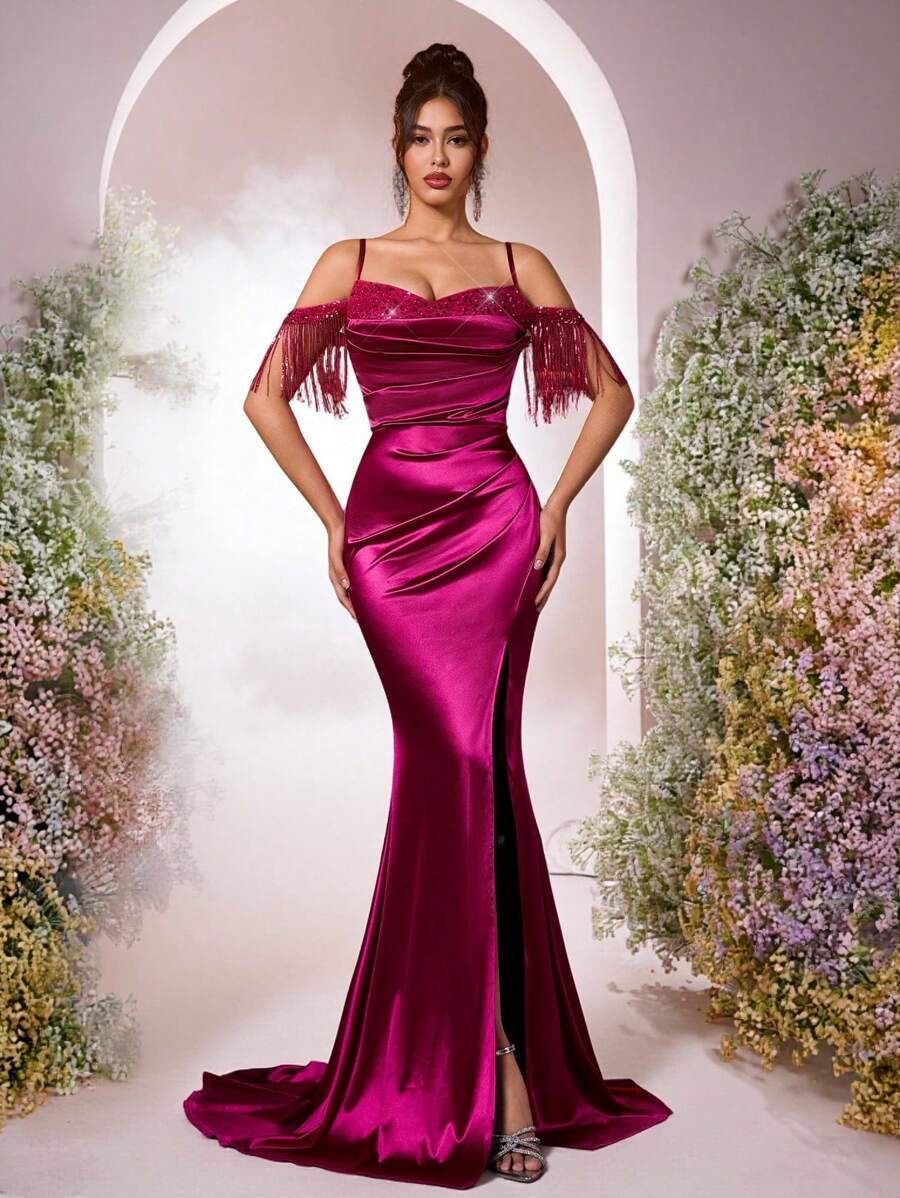 Glamrae Elegant Luxurious Fuchsia Sequins Embroidered Satin Bodice Sleeveless Open Shoulder Ruffle Trim Sexy Thigh High Slit Mermaid Prom Dress With Train, Suitable For Date, Singles Party, Graduation, Wedding, Formal Gala, Gown, For Evening, Wedding Guest - Hot Pink - View 1