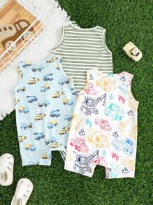 SHEIN 3件套新生男婴休闲可爱卡通汽车和条纹印花连体衣，夏季基本款多件装 - 綠色 - 查看 2