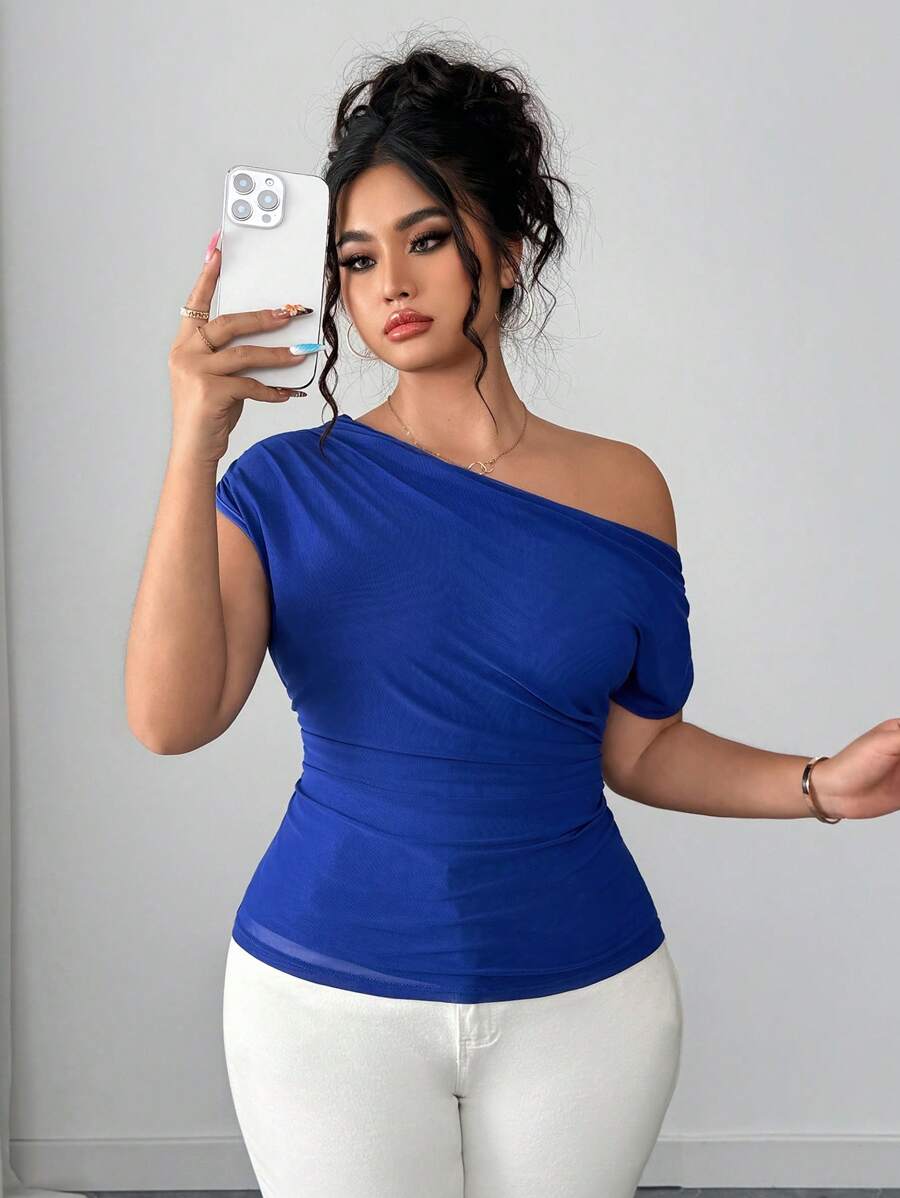 Elenzga Plus Size Women Pleated Mesh Elegant T-Shirt